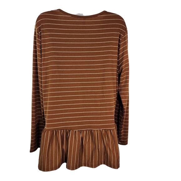 Pink Blush Womens Top Large Button V Neck Brown Striped Peplum Hem Long Sleeve - Picture 2 of 8